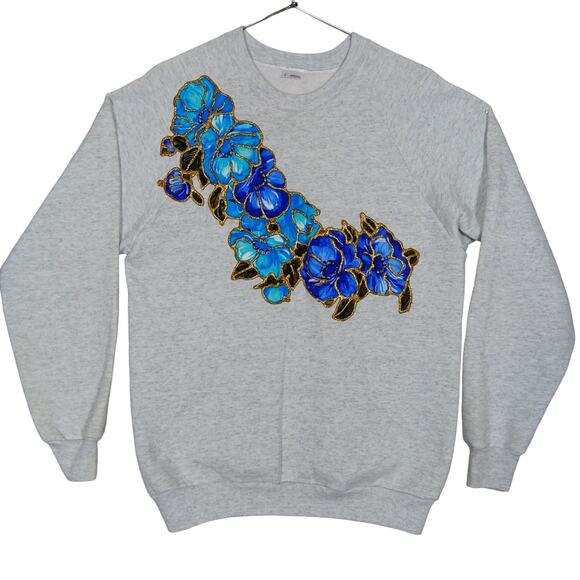 Vintage Single Stitch 90s Puffy Paint Handmade Sweatshirt Large Gray Floral - Picture 4 of 8